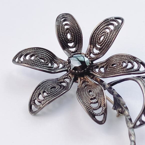 VTG Sterling Silver 925 Gemstone Brooch Mid Century Filigree Flower Black Spinel - Picture 3 of 10